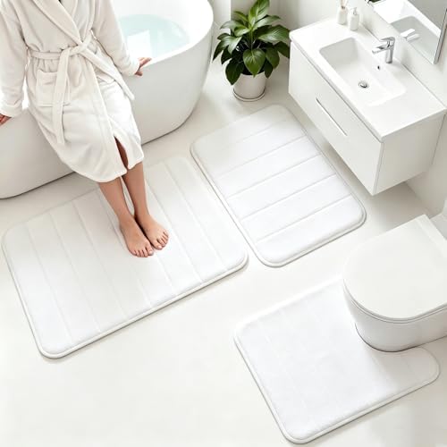 Memory Foam Bath Mat Set 3 Piece，Super Soft Absorbent Bathroom Rug Non Slip, Quick Dry,Machine Wash, Perfect Plush Bathroom Rugs,Home Decor Accessories,White