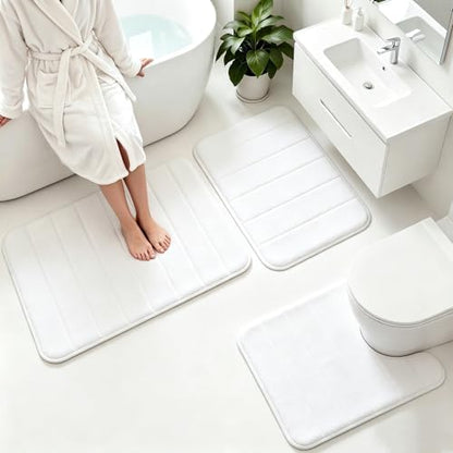 Memory Foam Bath Mat Set 3 Piece，Super Soft Absorbent Bathroom Rug Non Slip, Quick Dry,Machine Wash, Perfect Plush Bathroom Rugs,Home Decor Accessories,White