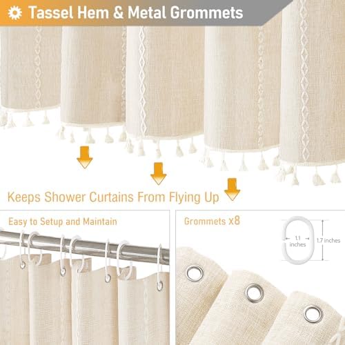 BTTN 48 x 72 Boho Linen Heavy Duty Cloth Shower Curtain Set, Cream/Beige