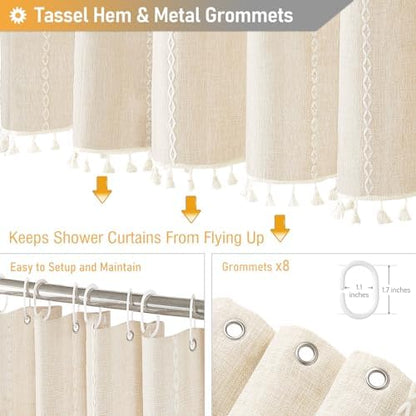 BTTN 48 x 72 Boho Linen Heavy Duty Cloth Shower Curtain Set, Cream/Beige