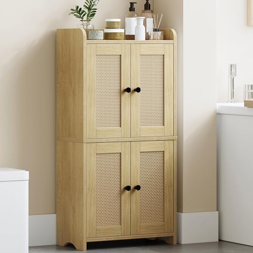 HEXCELEN Small Storage Cabinet, Bathroom Storage Cabinet with 4 Doors, Floor Bathroom Organizer Freestanding for Small Spaces, Living Room, Kitchen, Entryway (Streamlined American, Yellow)