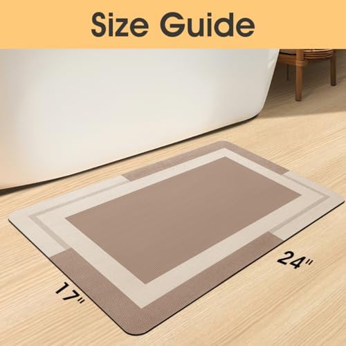 ACCUMTEK Non Slip Bath Mat, Thin Bathroom Rugs Fit Under Door, Quick Dry Bath Mats, Machine Washable Bath Rugs for Bathroom, Bathtub & Kitchen, Bathtub, Light Brown/Bordered/24 x17