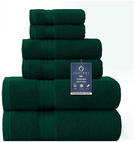 COZYART Luxury Bath Towel Set 6 Pcs, Dark Green 100% Turkish Cotton 650 GSM