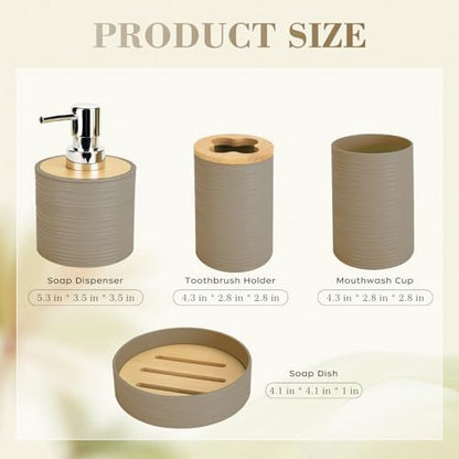 4PCS Beige Bathroom Set, Soap Dispenser, Dish & Bamboo Holder, Rustic