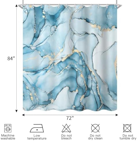 Aqua Blue Marble Shower Curtain Modern Abstract Luxury Gold Ink Texture Ombre Watercolor Bathroom Curtain Set with Hooks Soft and Lightweight Waterproof Fabric Machine Washable 72" Wx84 L