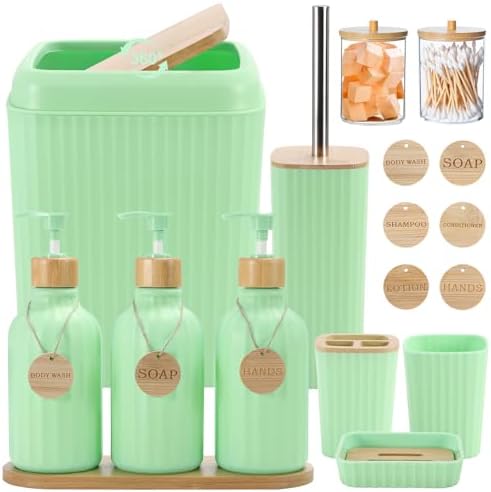 XLHOMO Green Bathroom Accessories Set 17PCS Bathroom Set with Trash Can 3PCS Lotion Soap Dispenser, Toothbrush Holder, 6PCS Wood Tags Bath Accessories with Tray for Kitchen Bathroom