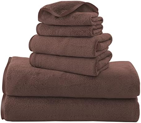 TENSTARS Luxury Silk Hemming Towel Set - Light Thin Quick Drying - 2 Bath Towels 2 Hand Towels 2 Washcloths - Ultra Soft Microfiber Towel for Bath Fitness, Sports, Yoga, Travel (Wood Brown 6 Pieces)