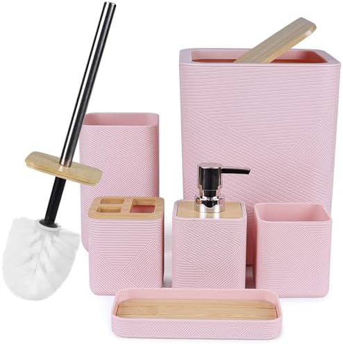 CERBIOR Bamboo Bathroom Accessories Set 6 Piece Bath Ensemble（Pink）