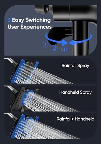 Shower Head with Handheld High Pressure, Rain Shower Head with Fixed Showerhead and 9 Sprays Handheld Shower, Detachable 2-IN-1 Shower head with 59" Rotatable Stainless Steel Hose (Black)