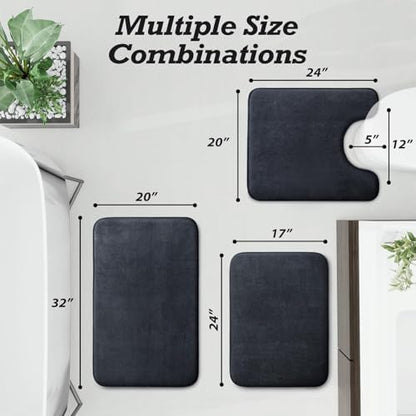 HUXMEYSON Bathroom Rugs Sets 3 Piece, Non-Slip & Quick Dry Bath Mat Set, Ultra Soft Velvet Bath Rugs for Bathroom, Toilet and Shower Floor, Dark Grey