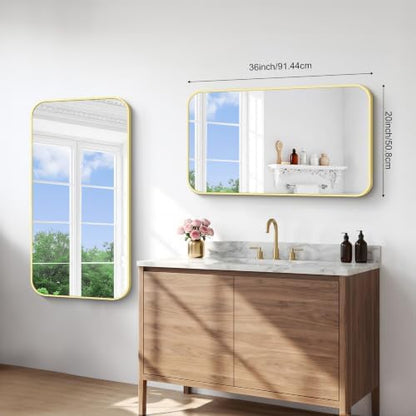 BONEWEI Gold Bathroom Mirror,20x36 inch Wall Mirror for Bathroom Wall Mounted,Round Rectangle Mirror for Bathroom Over Sink,Modern Frame for Home Decor Living Room,Bedroom Entryway,Horizontal/Vertical