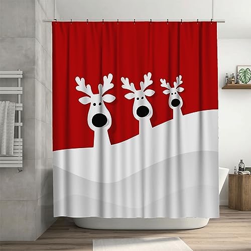 Ansouyi Christmas Reindeer on Red Shower Curtain Set with 12 Hooks, Bath Curtains Waterproof Polyester Fabric, Home Bathroom Bathtubs Decor Washable Durable Fabric, 60" Wx72 L