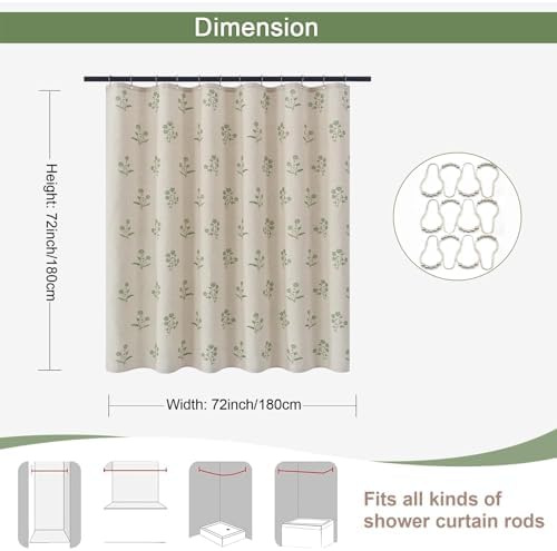 ORTIGIA Linen Shower Curtain Farmhouse Vintage Green Floral Cottage Core Shower Curtains Boho Rustic Block Print Decor for Bathroom 72 W x 72 L