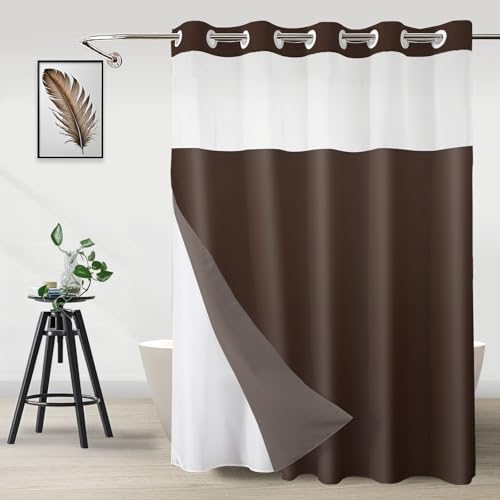 No Hook Shower Curtain and Liner for Bathroom, Ombre Dark Brown, 71" x 74"