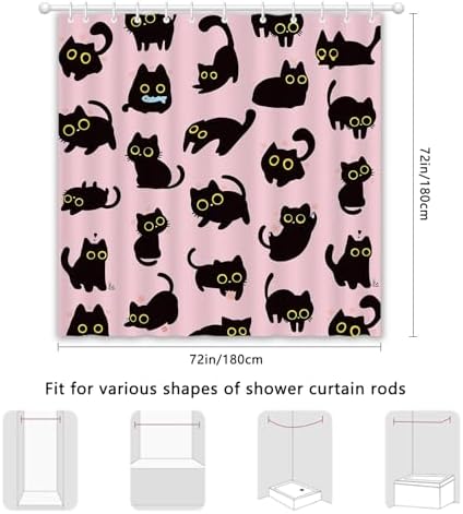 APROPHIC Cute Cat Shower Curtain 72x72 Inches, Funny Black Kitten Pattern Waterproof Polyester Bathroom Decor for Bathtub, Machine Washable Privacy Curtain for Bathroom, Bedroom with 12 Hooks Pink