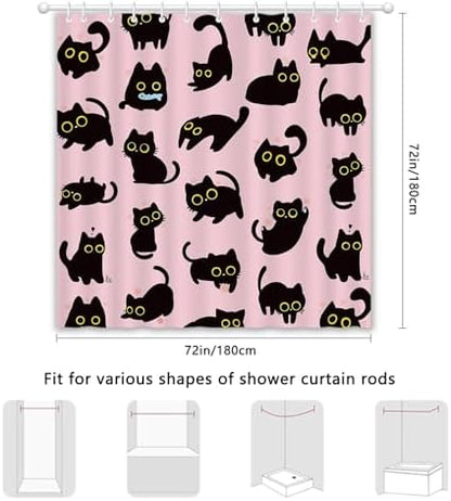 APROPHIC Cute Cat Shower Curtain 72x72 Inches, Funny Black Kitten Pattern Waterproof Polyester Bathroom Decor for Bathtub, Machine Washable Privacy Curtain for Bathroom, Bedroom with 12 Hooks Pink