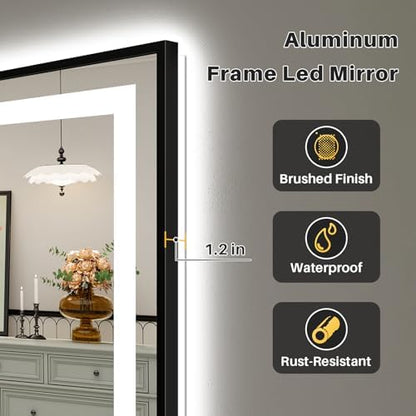 96x36 Inch LED Bathroom Mirror with Black Frame, Backlit & Front Lit