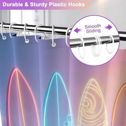 Waterproof Tropical Beach Shower Curtain with 12 Hooks, Colorful Neon Surfboard Design Fabric Shower Curtains with Weighted Bottom, Machine Washable Summer Shower Curtain for Bathroom , 72"W x 72"L