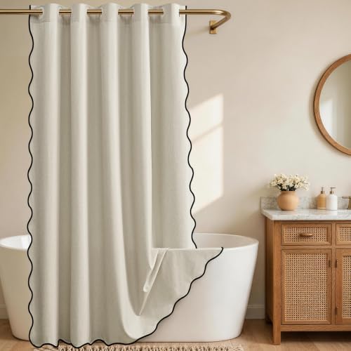 Furlinic No Hook Scalloped Shower Curtain Beige Linen Modern Neutral 72x75