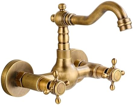 Antique Brass Bathroom Faucet & Kitchen Mixer Tap 180° Swivel Wall-Mounted Sink with Double Handles Elegant Design for Modern and Vintage Decor