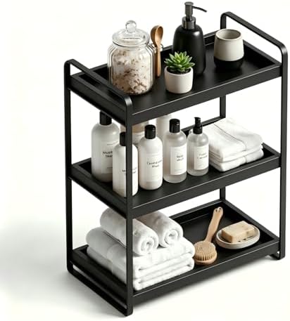 LEMIKKLE Bathroom Counter Organizer with Basket, Bathroom Organizers and Storage,Skincare Organizers for Vanity,Storage Organizers for Bathroom, Kitchen, Dresser (3-Tier Black Wood Rack)