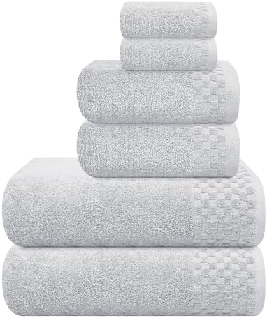 MyOwn Premium Cotton 6 Pack Towel Set for Bathroom, Contains 2 Bath Towels 28x55 inch, 2 Hand Towels 16x24 inch & 2 Wash Coths 12x12 inch, Ideal Everyday use, Compact & Lightweight - Light Grey