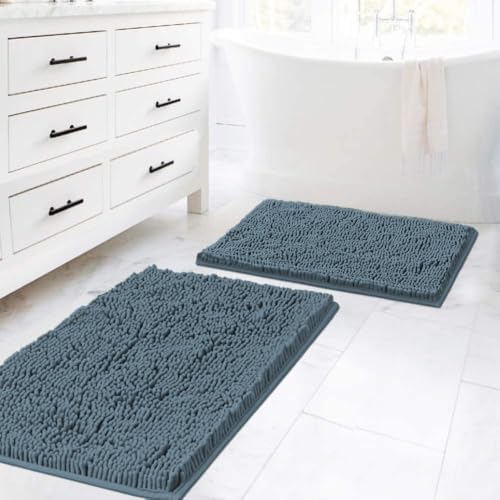 H.VERSAILTEX Bath Rugs for Bathroom Slip-Resistant Shag Chenille Bath Mat Extra Soft and Absorbent Bath Rug for Shower Room Machine-Washable Fast Dry (Stone Blue, 20" x 32"/17" x 24")