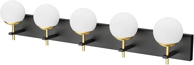 Ralbay Mid Century Modern Vanity Lights - 5-Light Milky Glass Globe Modern Bathroom Vanity Lights Over Long Mirror, Black/Golden Bathroom Wall Light Fixture