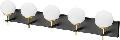 Ralbay Mid Century Modern Vanity Lights - 5-Light Milky Glass Globe Modern Bathroom Vanity Lights Over Long Mirror, Black/Golden Bathroom Wall Light Fixture