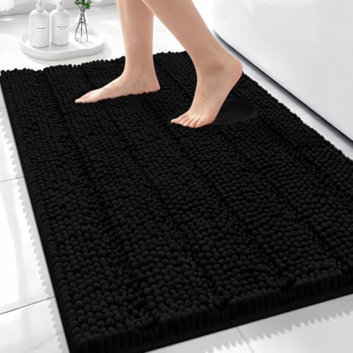 Bcoimo Bath Rug Mat,30x20 Chenille Non Slip Black Bathroom Floor Shower Mat