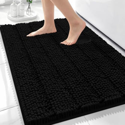Bcoimo Bath Rug Mat,30x20 Chenille Non Slip Black Bathroom Floor Shower Mat