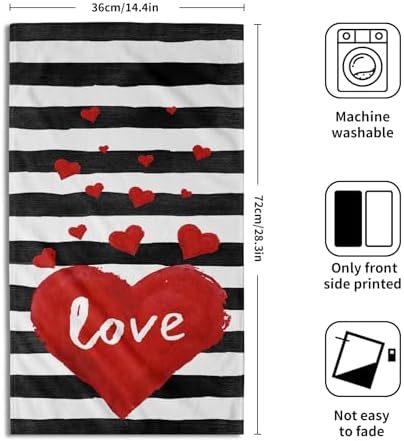 Red Love Heart Hand Towel Set of 2 for Kitchen Bathroom,Black White Stripe Valentine's Day Absorbent Towel Fingertip Face Towels 14x28 Holiday Wedding Anniversary Decor
