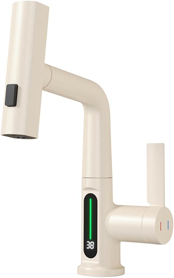 Bathroom One Hole Sink Basin Faucet with Waterfall Pull Down Sprayer,Vanity Single Handle 1 Hole Pull Out Faucet with Rainfall Spray Head Temperature Digital Display Mixer Tap Cream White
