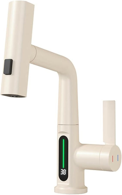 Bathroom One Hole Sink Basin Faucet with Waterfall Pull Down Sprayer,Vanity Single Handle 1 Hole Pull Out Faucet with Rainfall Spray Head Temperature Digital Display Mixer Tap Cream White