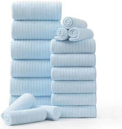 Hailea 18 Piece Family Bath Towel Set Include 6 Bath Towels,6 Hand Towels and 6 Washcloths Soft Bathroom Towel with Hanging Loops,Highly Absorbent Quick Dry Towels Set for Bathroom,Hotel and Spa-Blue