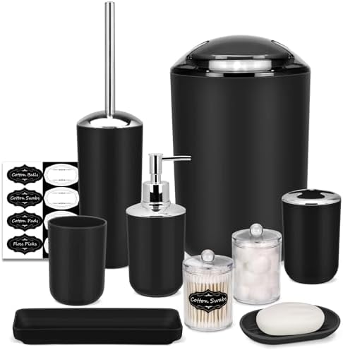 IMAVO Bathroom Accessories Set,Black Bathroom Set,9 Pieces Bathroom Accessory Set,Tray,Qtip Holders,Toilet Brush,Trash Can for Bathroom Décor and Home Gifts