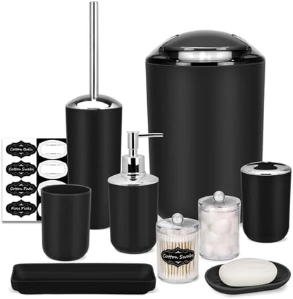 IMAVO Bathroom Accessories Set,Black Bathroom Set,9 Pieces Bathroom Accessory Set,Tray,Qtip Holders,Toilet Brush,Trash Can for Bathroom Décor and Home Gifts