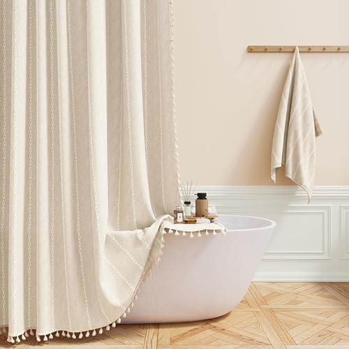 BTTN 72 x 80 Boho Linen Heavy Duty Cloth Shower Curtain Set, Cream/Beige