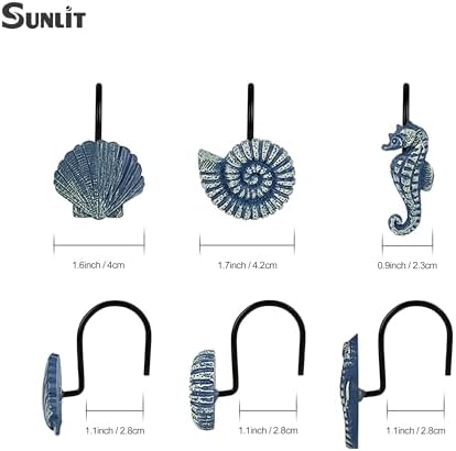 Sunlit Seashells Decorative Shower Curtain Hooks, Blue Ocean Creatures Coastal Shower Curtain Rings with Black Hooks, Resin, Nautical Bathroom Decoration Beach Shower Curtain Hooks, Set of 12