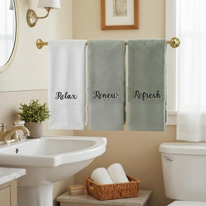 Tiamon 3 Pcs Bathroom Towel Decorative Set 100% Cotton Fluffy Bath Hand Towels for Guest Gifts Farmhouse Kitchen Hand Towels Home(White, Light Green, Dark Green,30 x 13 Inch,Relax Renew Refresh)