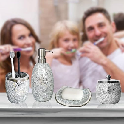 Escenzy Silver Bathroom Accessories Set 4 Pcs | Handcrafted Mosaic Glass Soap Dispenser, Toothbrush Holder, Cotton Jar, Soap Tray | Luxury Silver Glitter Bathroom Decor | Glam Home Gift
