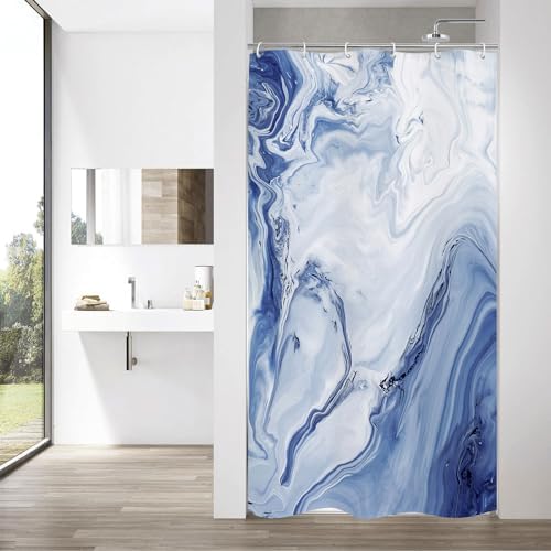 Navy Blue Marble Fabric Shower Curtain, Abstract Watercolor, 36 x 72