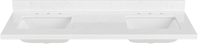 ARIEL 60 inch Double Bathroom Vanity top with Sink, 1.5 Inch Thick Miter Edge Carrara White Quartz top, Rectangle Double Sink Vanity top, Includes Backsplash