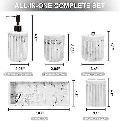 XLHOMO Resin White Marble Bathroom Accessories Set 5 Pcs, Lotion Soap Dispenser, Toothbrush Holder, Bathroom Tumbler, Qtip Holder and Vanity Tray, Bathroom Countertop Organizer Set for Home Apartment