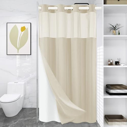 WONICY No Hook Stall Shower Curtain with Snap-in Liner, Cream, 54 x 80
