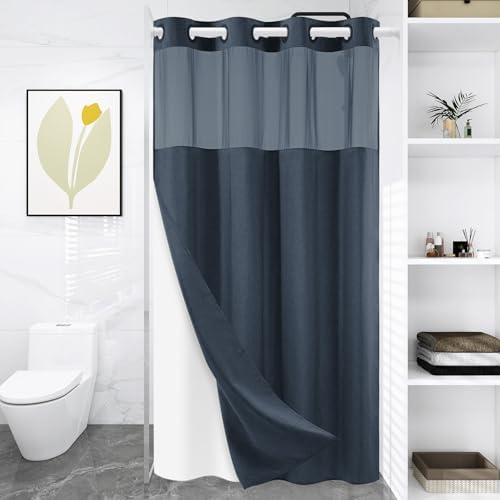 WONICY No Hook Shower Curtain with Snap-in Liner, Navy, 54 x 80