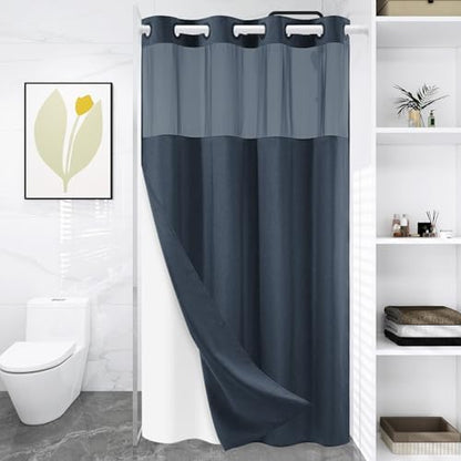 WONICY No Hook Shower Curtain with Snap-in Liner, Navy, 54 x 80