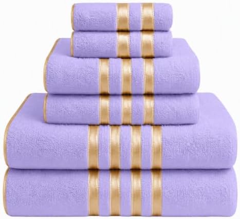 6-PCS Coral Fleece Microfiber Towel Set with Gold Stripes, Super Absorbent, Multiple Colors Available for Home, Bathroom, Hotel & Gym (6, Purple)