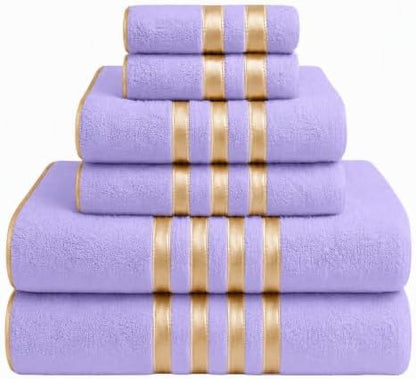 6-PCS Coral Fleece Microfiber Towel Set with Gold Stripes, Super Absorbent, Multiple Colors Available for Home, Bathroom, Hotel & Gym (6, Purple)