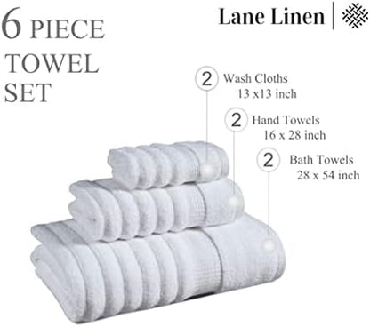 LANE LINEN Bath Towel Set 100% Cotton 6 Piece Soft Absorbent - White